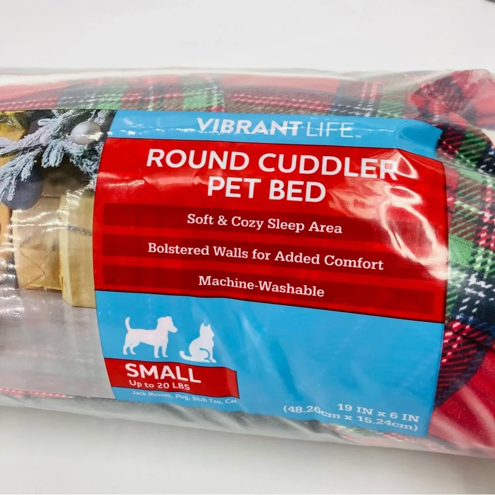 Vibrantlife Round Cuddler Pet Bed Small 6x19” Red Green Flannel Plaid Pattern